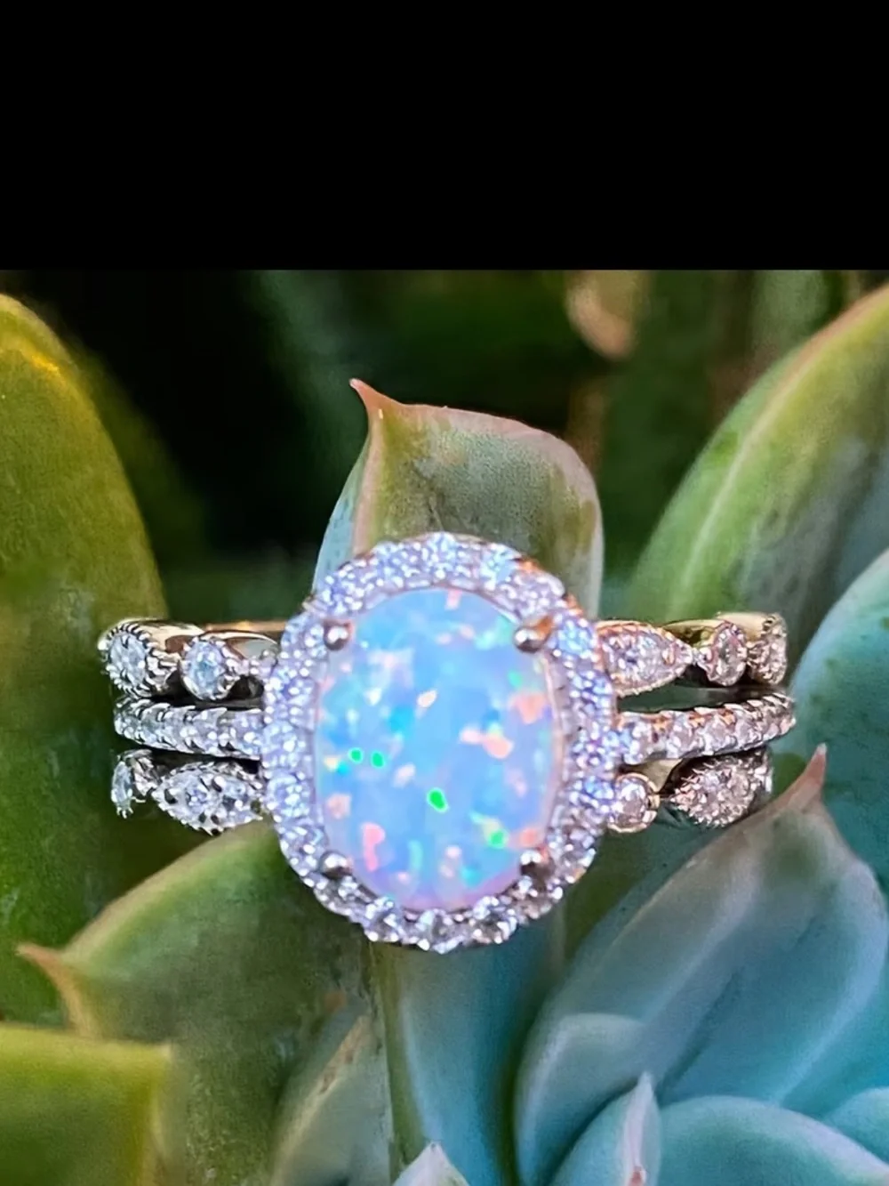 Opal Halo 3 Ring Set in White-Pink-Blue Opal Size 8 - Picture 1 of 5
